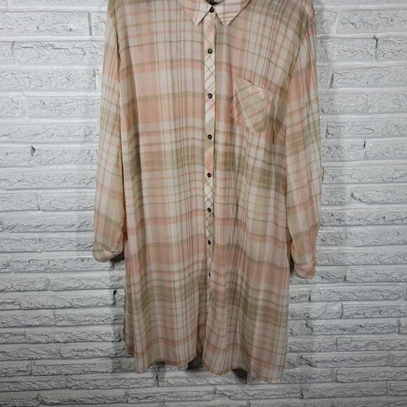 Catherines Womens Dress 3X Plus Button Up Pink Tan Plaid Sheer PLA10E - Picture 4 of 10